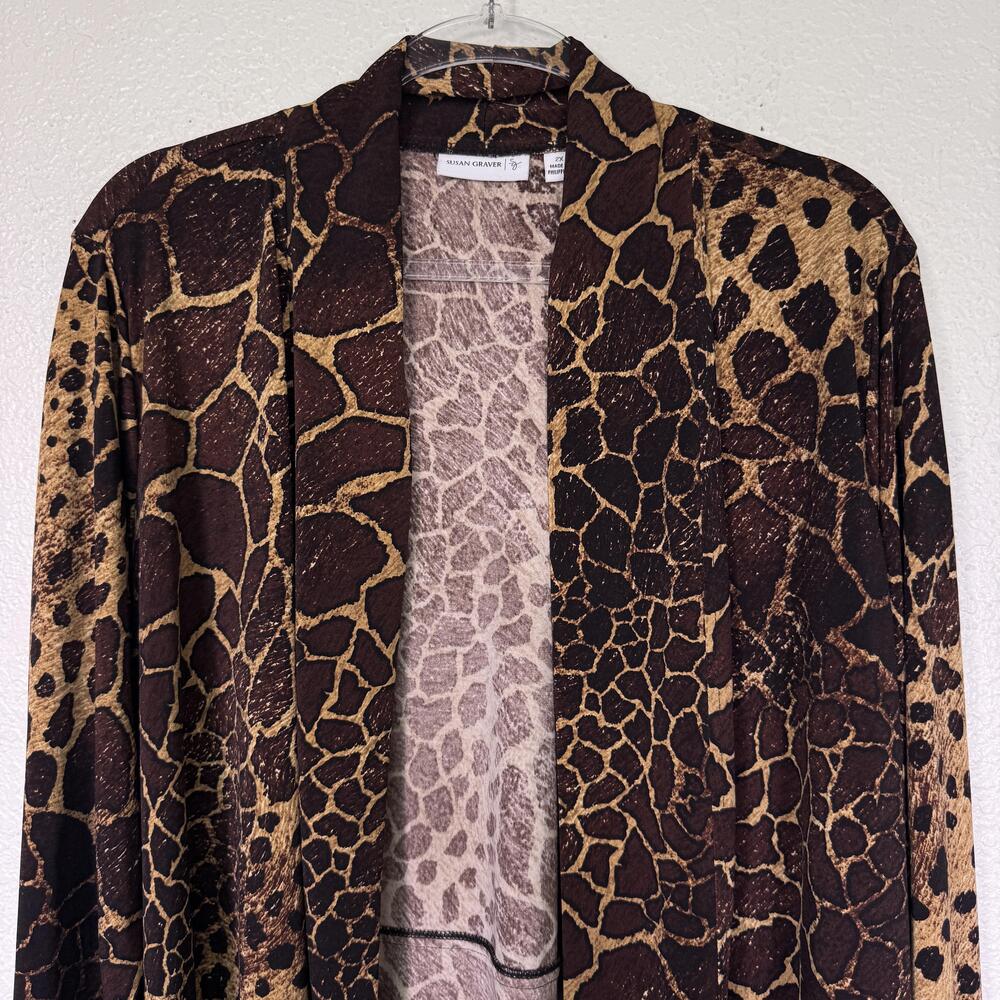Susan Graver Cardigan Womens 2X Brown Animal Print Open Lightweight Stretch Boho - Picture 5 of 10